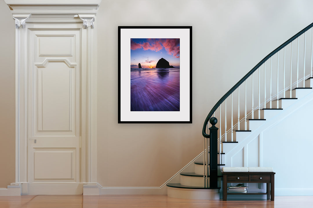 Vibrant Sunset at Cannon Beach, OR - Framed Lustre Print on Wall