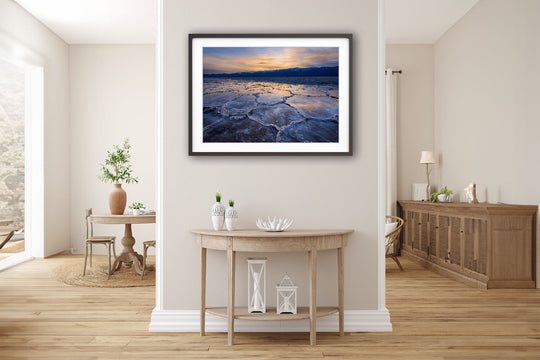 Sunset at Badwater Basin, Death Valley, CA - Framed Lustre Print on Wall