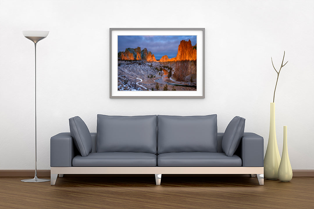 Smith Rock Winter Sunrise, OR - Framed Lustre Print on Wall