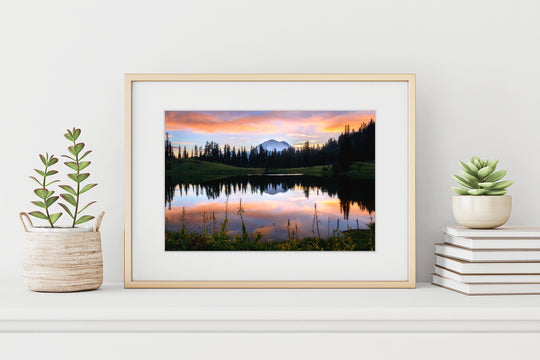 Vibrant Sunset over Mount Rainier, WA - Framed Lustre Print