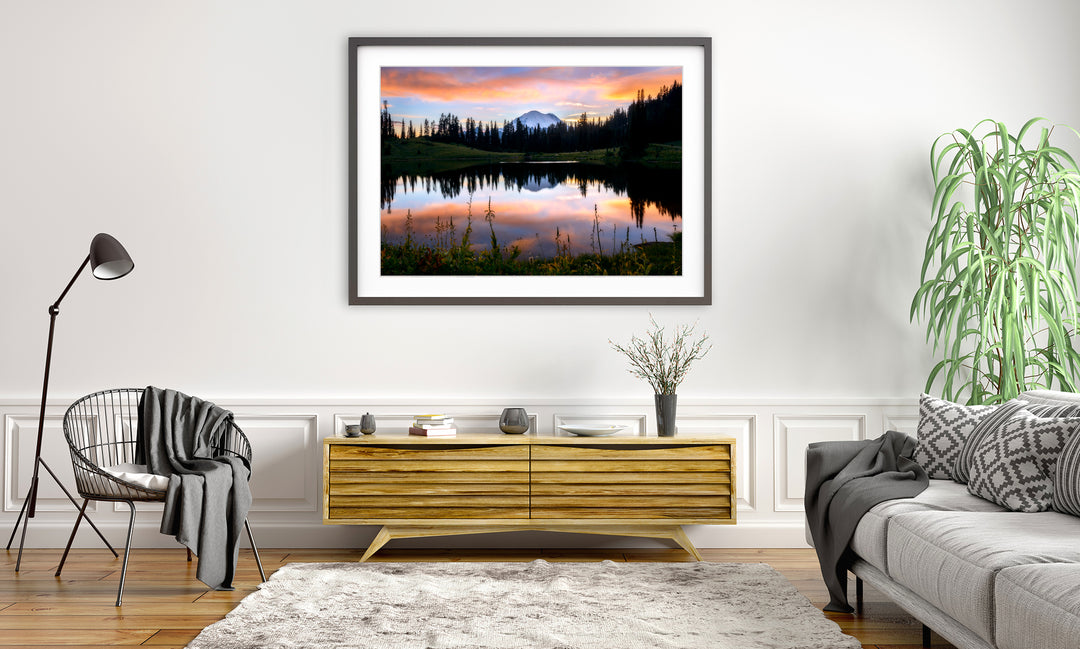 Vibrant Sunset over Mount Rainier, WA - Framed Lustre Print on Wall