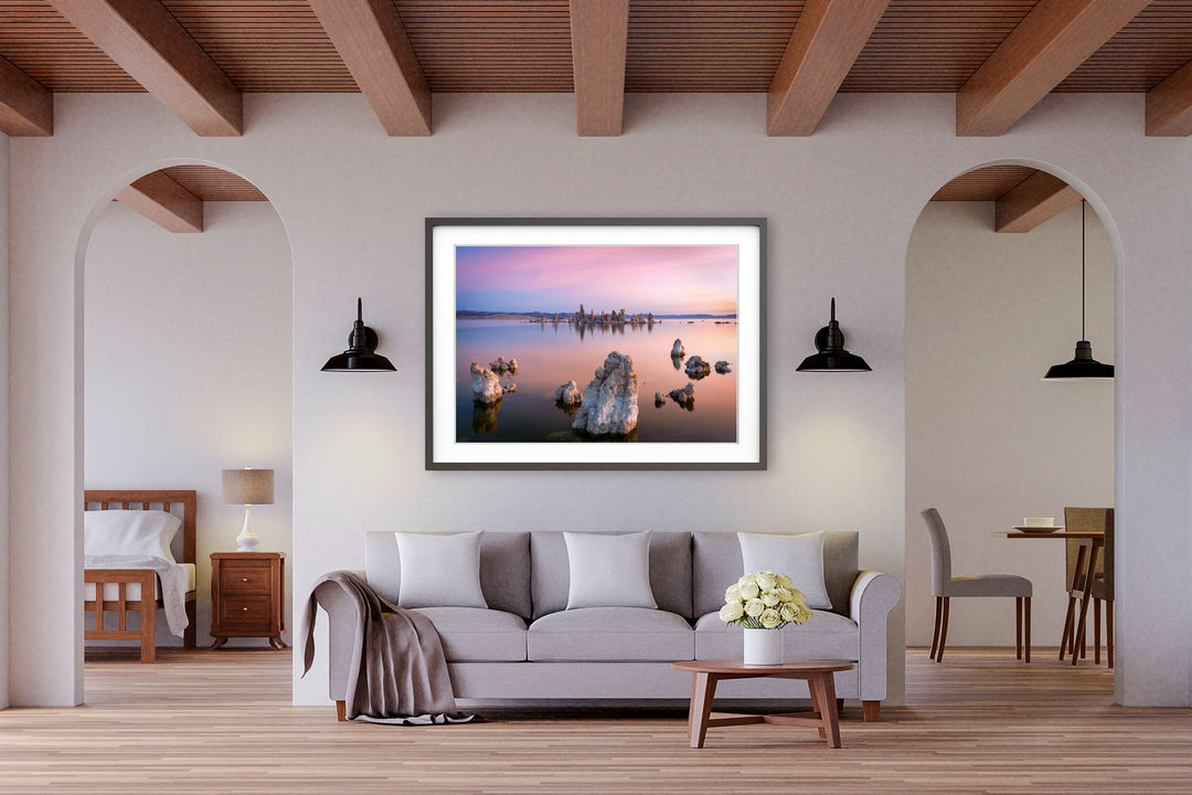 Pink Sunset over Mono Lake, CA - Framed Lustre Print on Wall