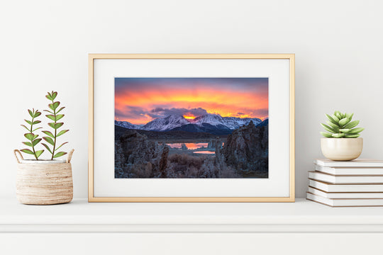 Dramatic Sunset over the Eastern Sierra from Mono Lake, CA - Framed Lustre Print