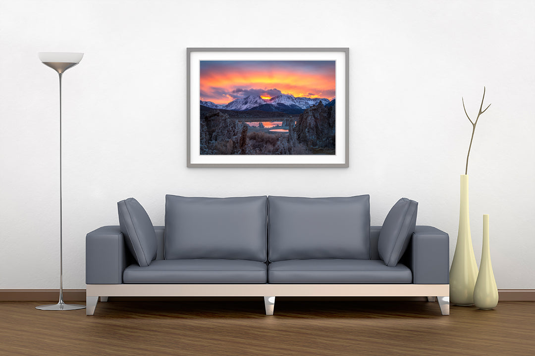 Dramatic Sunset over the Eastern Sierra from Mono Lake, CA - Framed Lustre Print on Wall