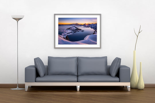 Sunrise at Crater Lake National Park, OR - Framed Lustre Print on Wall