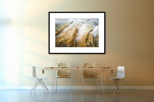 Water Flows over Rocks at Johnston Creek, Banff, AB - Framed Lustre Print on Wall