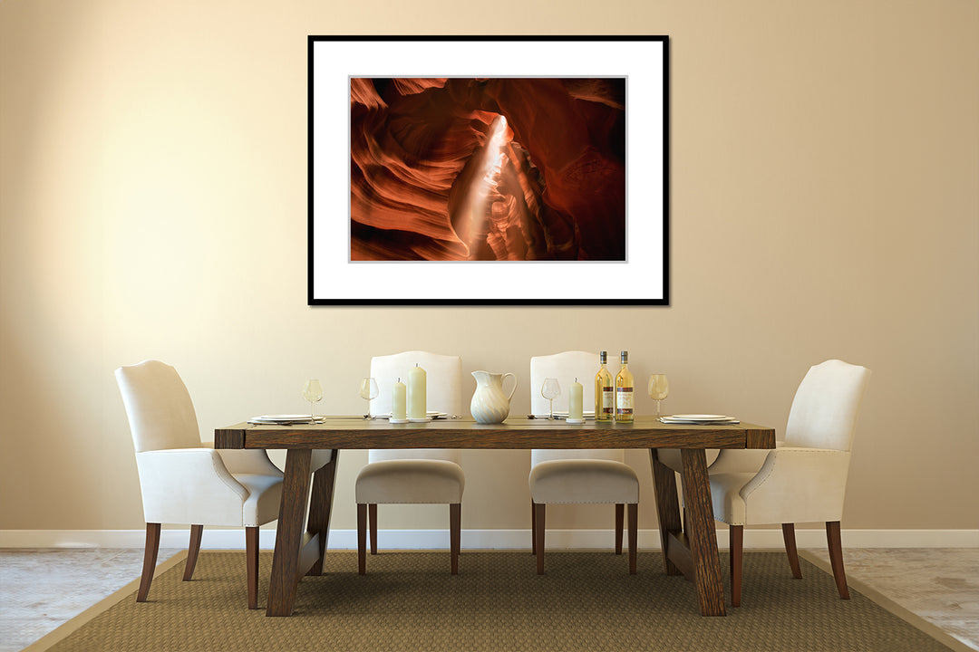 Antelope Canyon Godbeam, Page, AZ - Framed Lustre Print on Wall