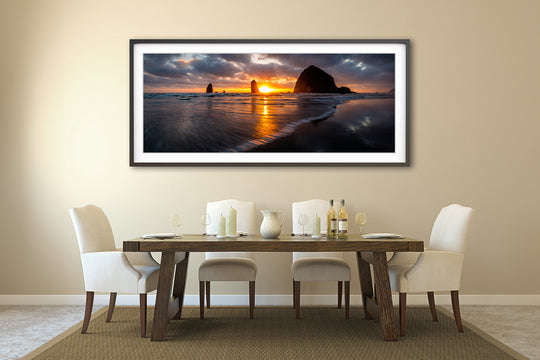 Cannon Beach Sunset Panoramic, OR - Framed Lustre Print on Wall
