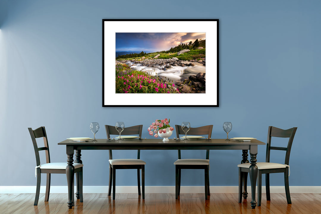 McGee Creek and Wildflower Meadow on Mount Hood, OR - Framed Lustre Print on Wall