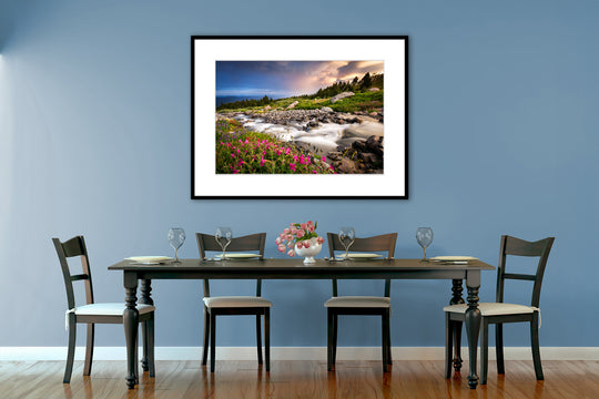 McGee Creek and Wildflower Meadow on Mount Hood, OR - Framed Lustre Print on Wall