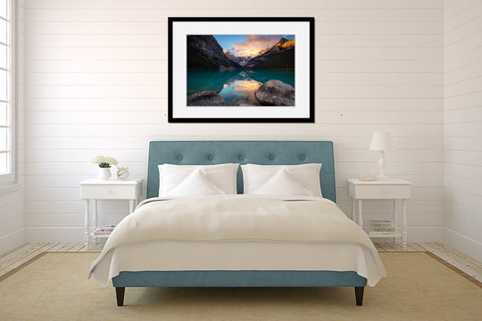 Mount Victoria Reflected in Lake Louise, Banff, AB - Framed Lustre Print on Wall