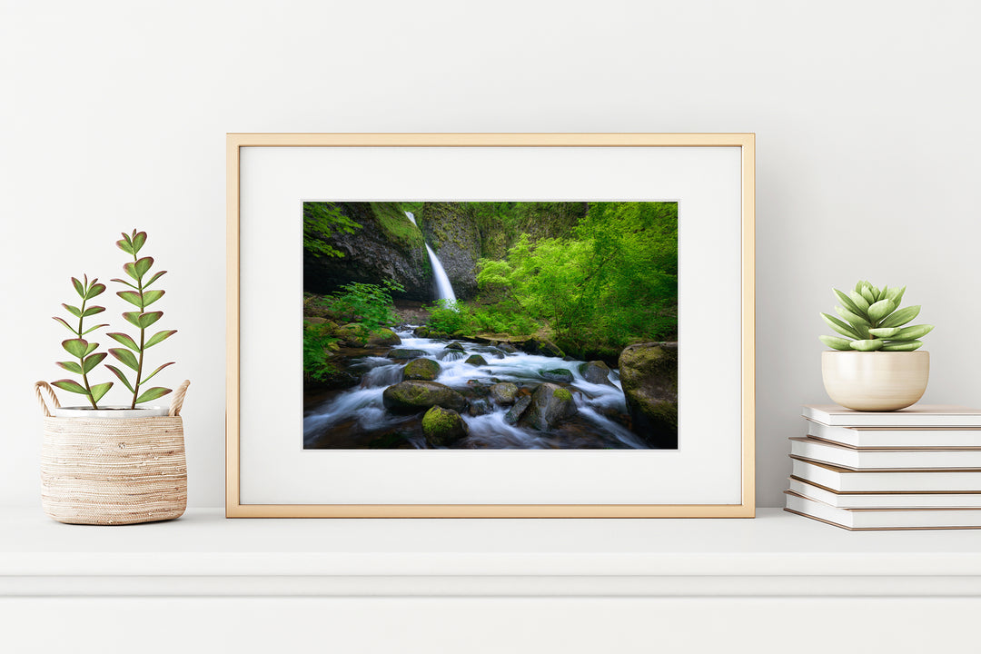 Ponytail Falls and Spring Foliage, Columbia River Gorge, OR - Framed Lustre Print