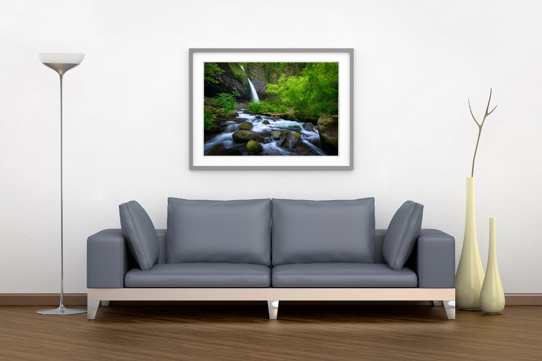 Ponytail Falls and Spring Foliage, Columbia River Gorge, OR - Framed Lustre Print on Wall