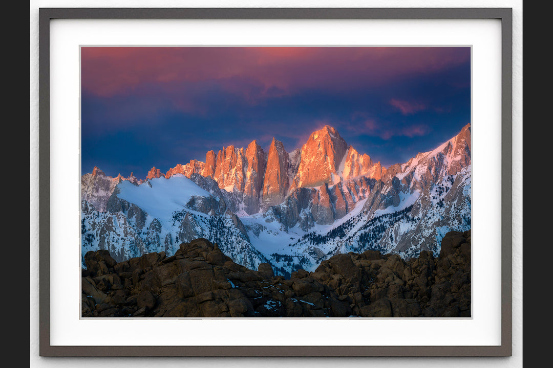 Alpenglow on Mount Whitney, Eastern Sierra, CA - Framed Lustre Print