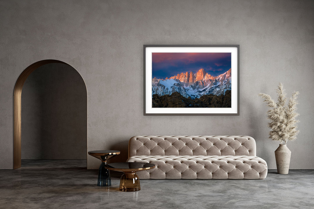Alpenglow on Mount Whitney, Eastern Sierra, CA - Framed Lustre Print on Wall