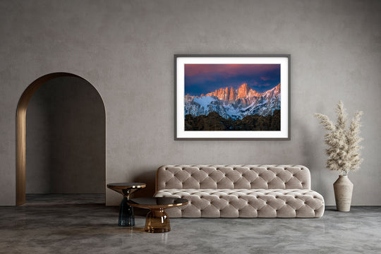 Alpenglow on Mount Whitney, Eastern Sierra, CA - Framed Lustre Print on Wall