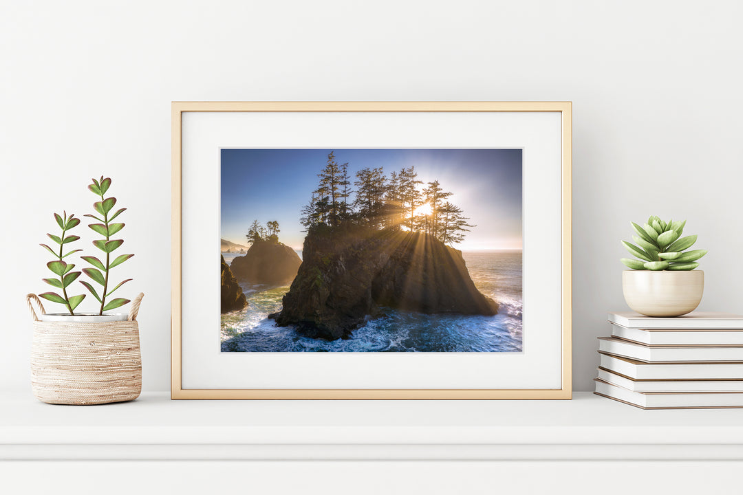 Sunbeams and Sea Stacks, Southern Oregon Coast - Framed Lustre Print