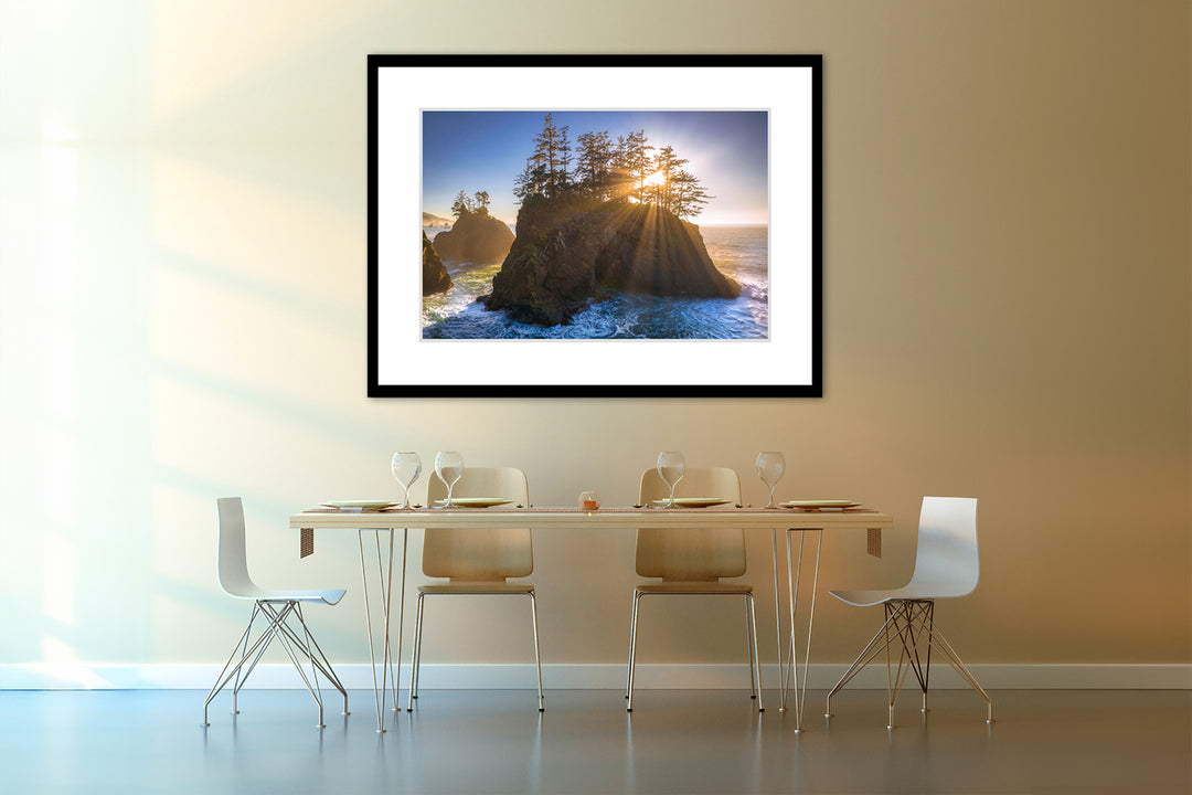 Sunbeams and Sea Stacks, Southern Oregon Coast - Framed Lustre Print on Wall