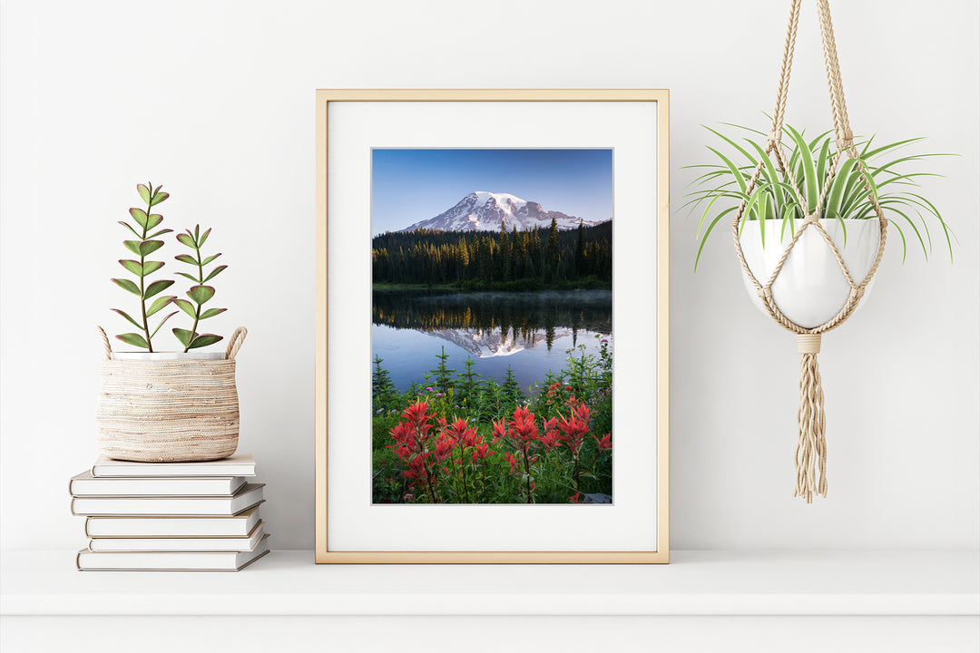 Mount Rainier Reflection with Wildflowers, WA - Framed Lustre Print