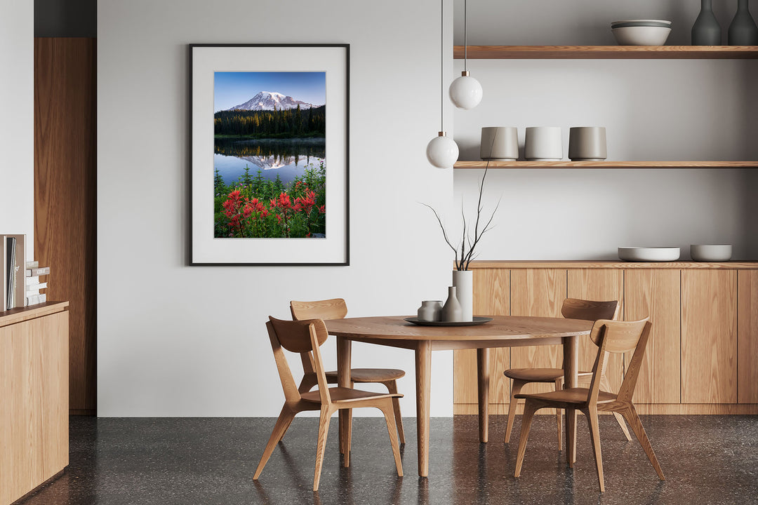 Mount Rainier Reflection with Wildflowers, WA - Framed Lustre Print on Wall