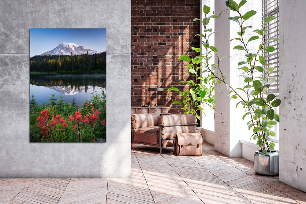 Mount Rainier Reflection with Wildflowers, WA - Metal Print