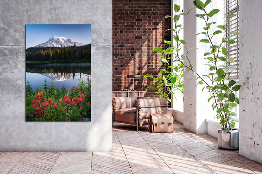 Mount Rainier Reflection with Wildflowers, WA - Metal Print