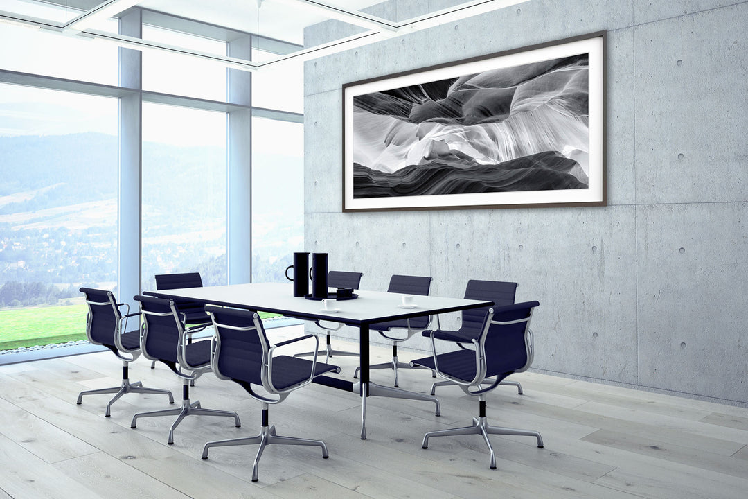 Black & White Sandstone Abstract, Antelope Canyon, AZ - Framed Lustre Print on Wall