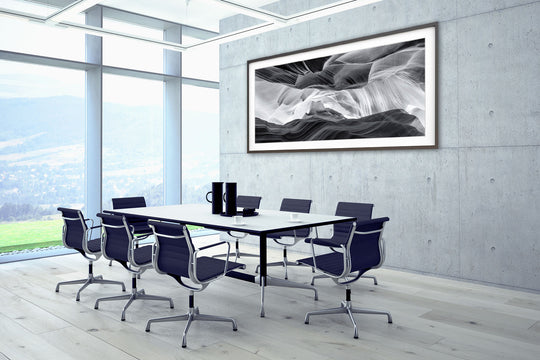 Black & White Sandstone Abstract, Antelope Canyon, AZ - Framed Lustre Print on Wall