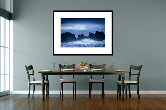 Storm Light on Sea Stacks, Bandon, OR - Framed Lustre Print on Wall