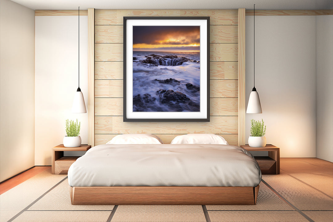 Thor's Well at Sunset, Oregon Coast - Framed Lustre Print on Wall