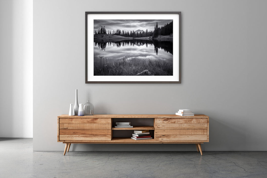 Tipsoo Lake and Mount Rainier, Washington Black & White - Framed Lustre Print on Wall